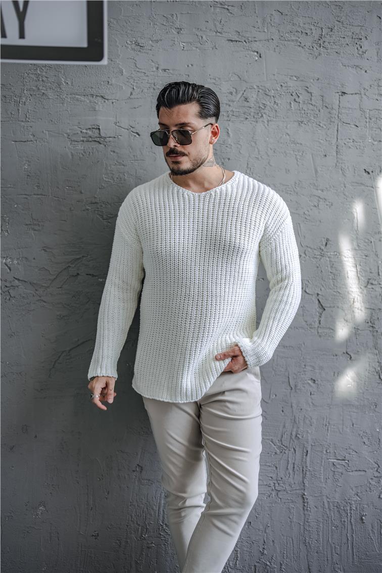 V Açık Yaka Ters Örgü Kazak Beyaz