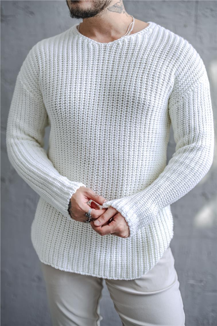 V Açık Yaka Ters Örgü Kazak Beyaz