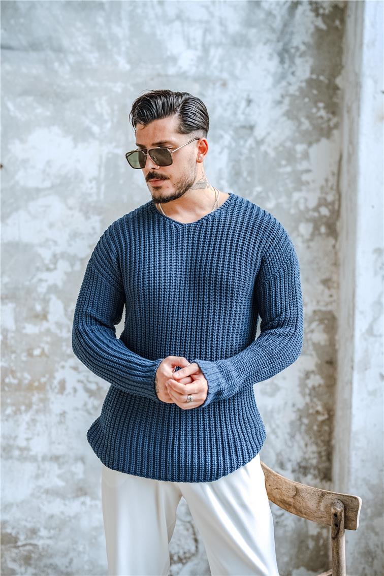 V Açık Yaka Ters Örgü Kazak İndigo