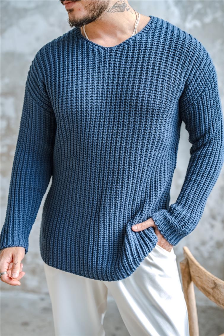 V Açık Yaka Ters Örgü Kazak İndigo