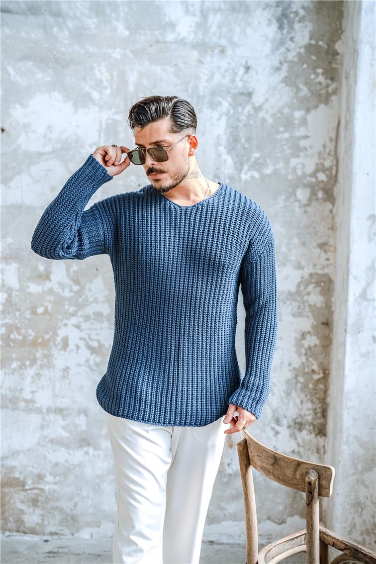 V Açık Yaka Ters Örgü Kazak İndigo