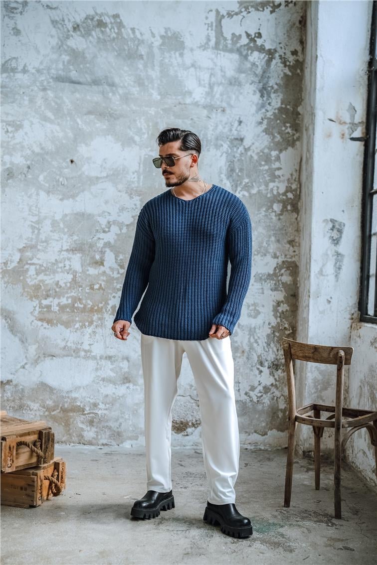 V Açık Yaka Ters Örgü Kazak İndigo