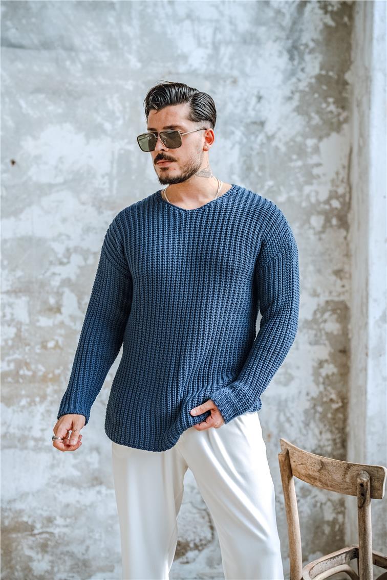 V Açık Yaka Ters Örgü Kazak İndigo