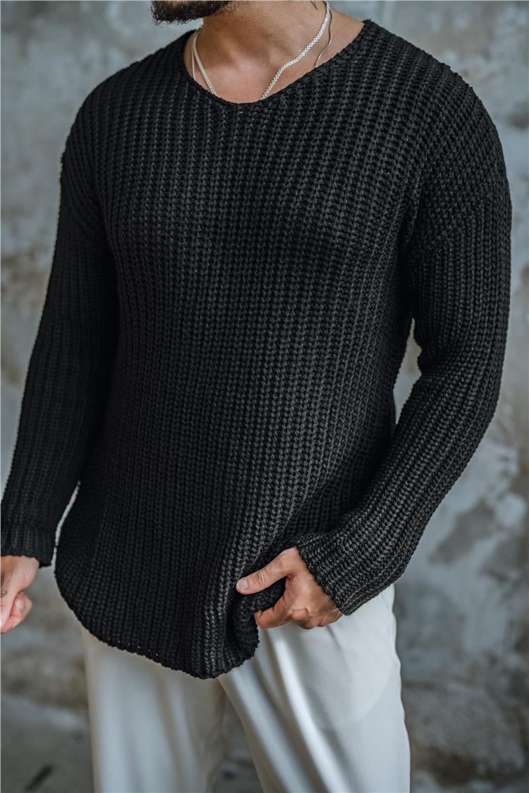 V Açık Yaka Ters Örgü Kazak Siyah
