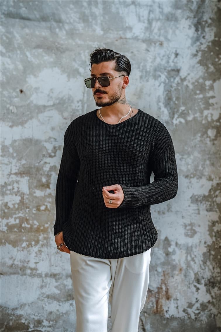 V Açık Yaka Ters Örgü Kazak Siyah