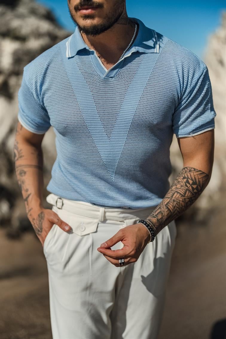 V Örgülü Polo Yaka T-Shirt Açık Mavi
