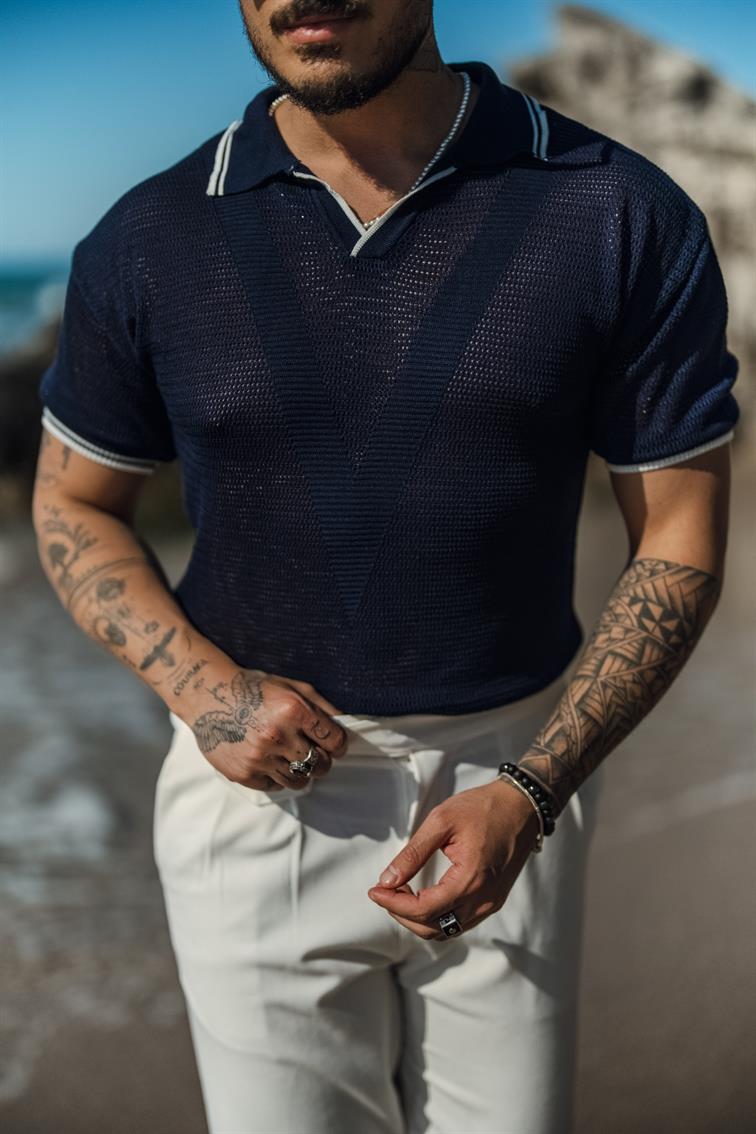 V Örgülü Polo Yaka T-Shirt Lacivert