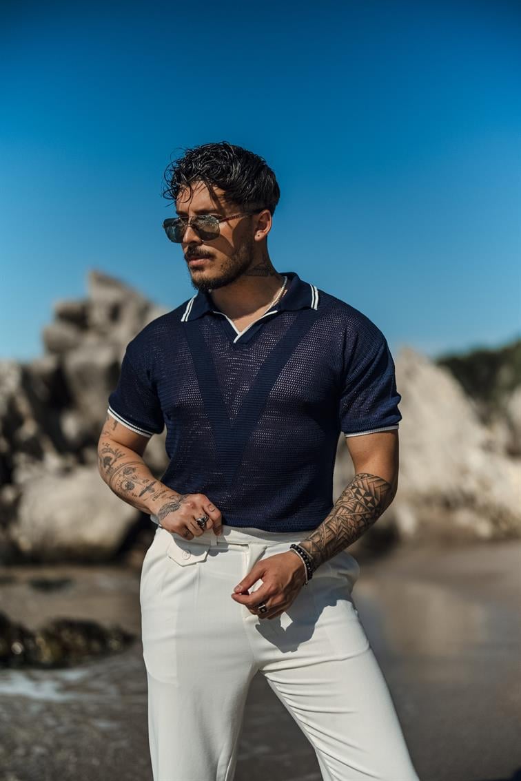 V Örgülü Polo Yaka T-Shirt Lacivert