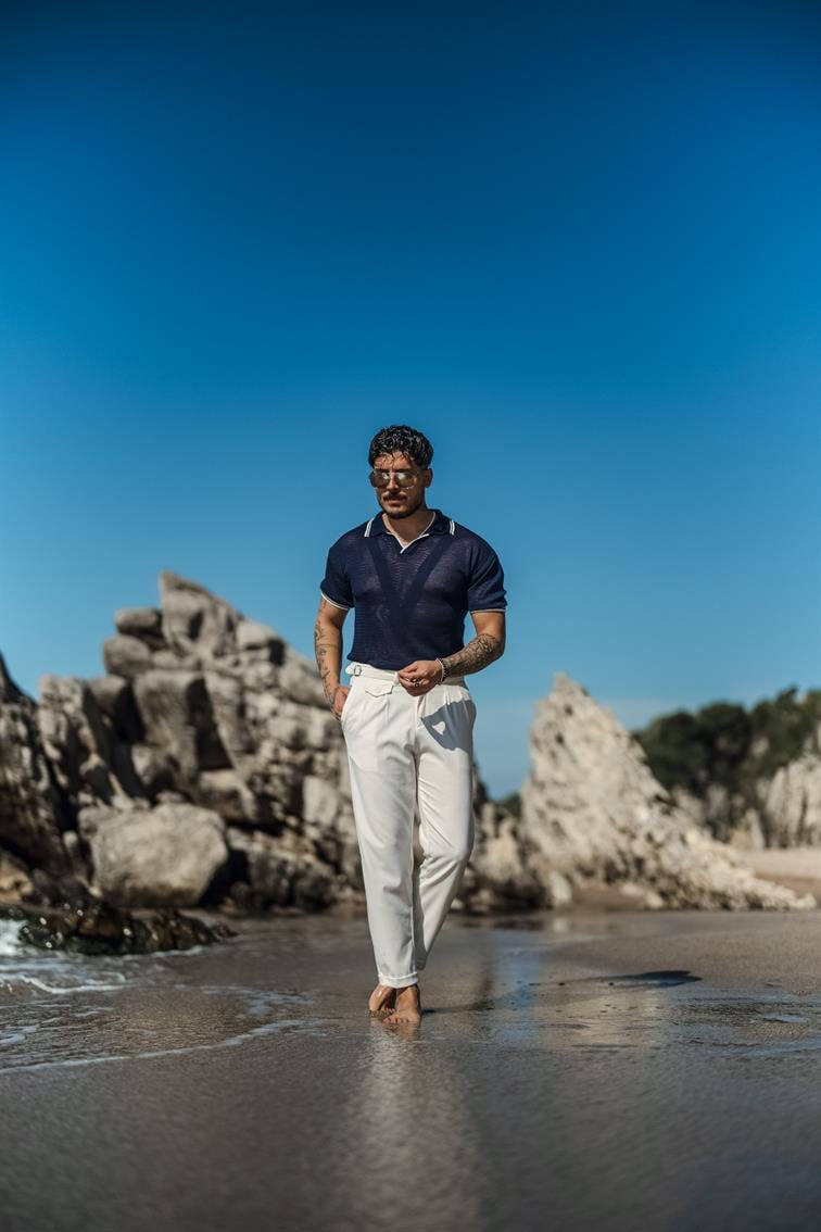 V Örgülü Polo Yaka T-Shirt Lacivert