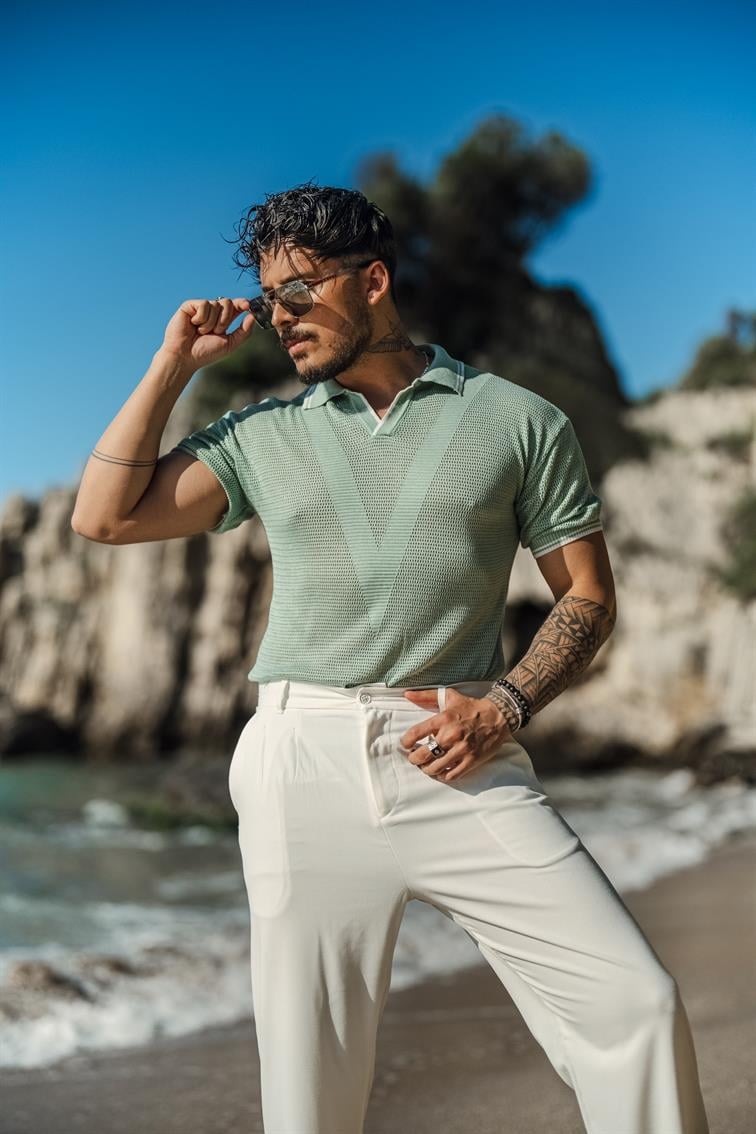 V Örgülü Polo Yaka T-Shirt Mint