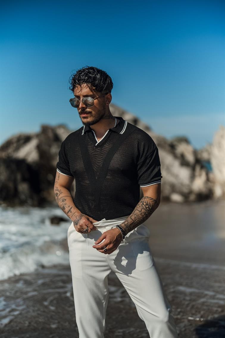 V Örgülü Polo Yaka T-Shirt Siyah