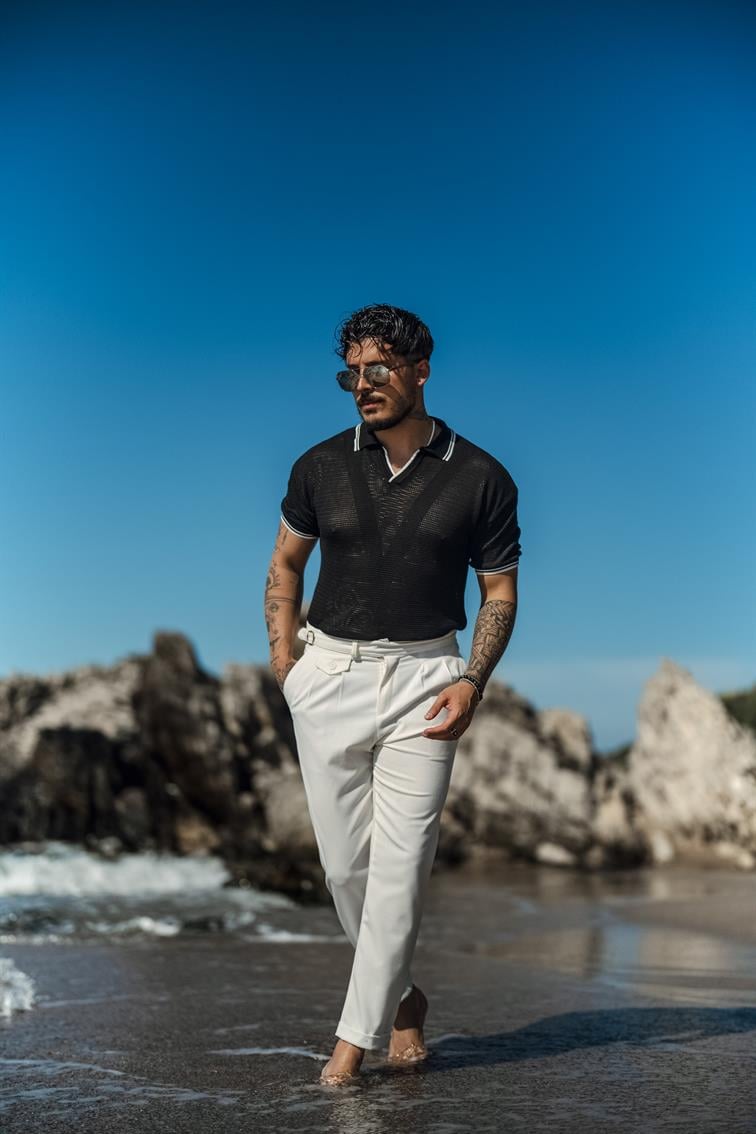 V Örgülü Polo Yaka T-Shirt Siyah