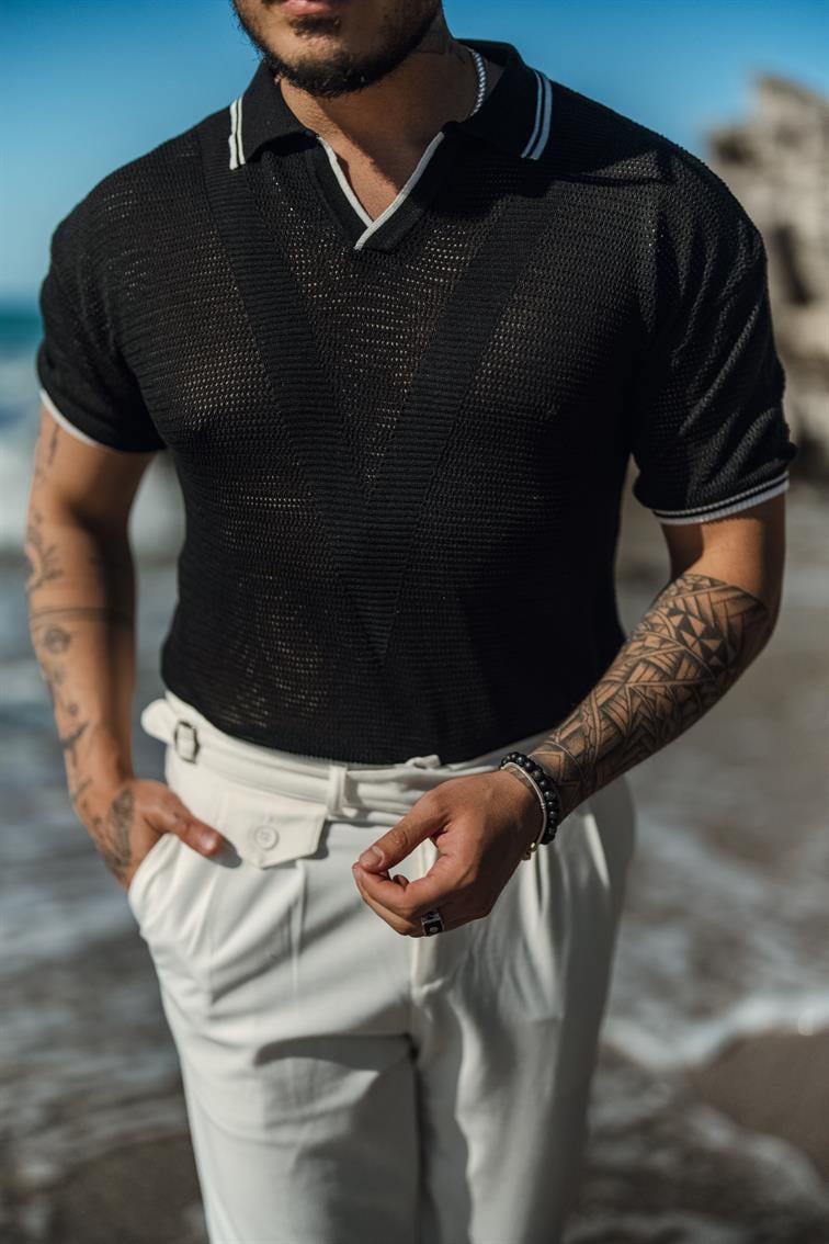 V Örgülü Polo Yaka T-Shirt Siyah