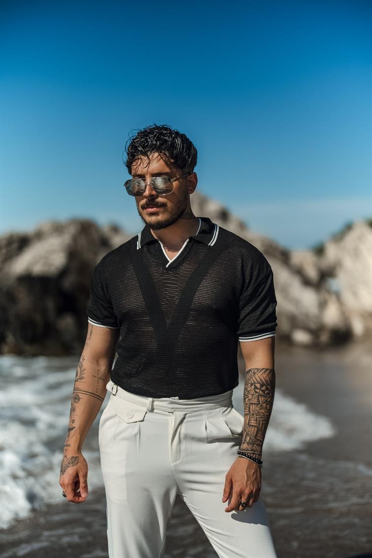 V Örgülü Polo Yaka T-Shirt Siyah