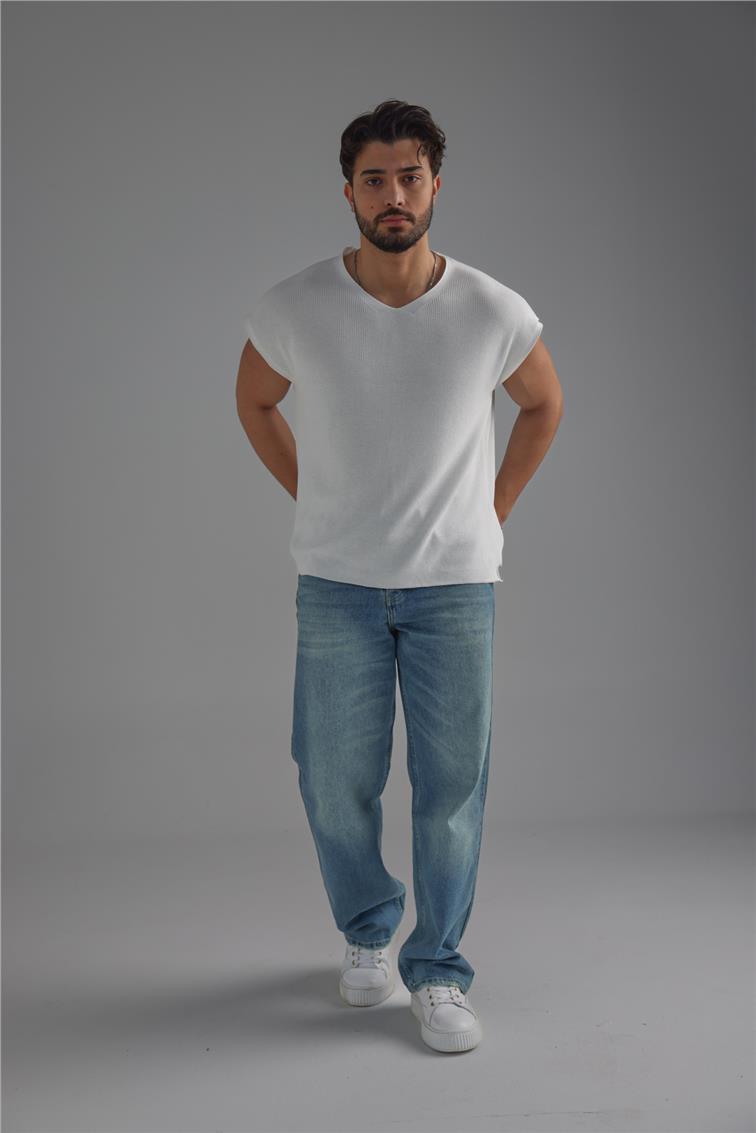 V Yaka Oversize T-Shirt Beyaz