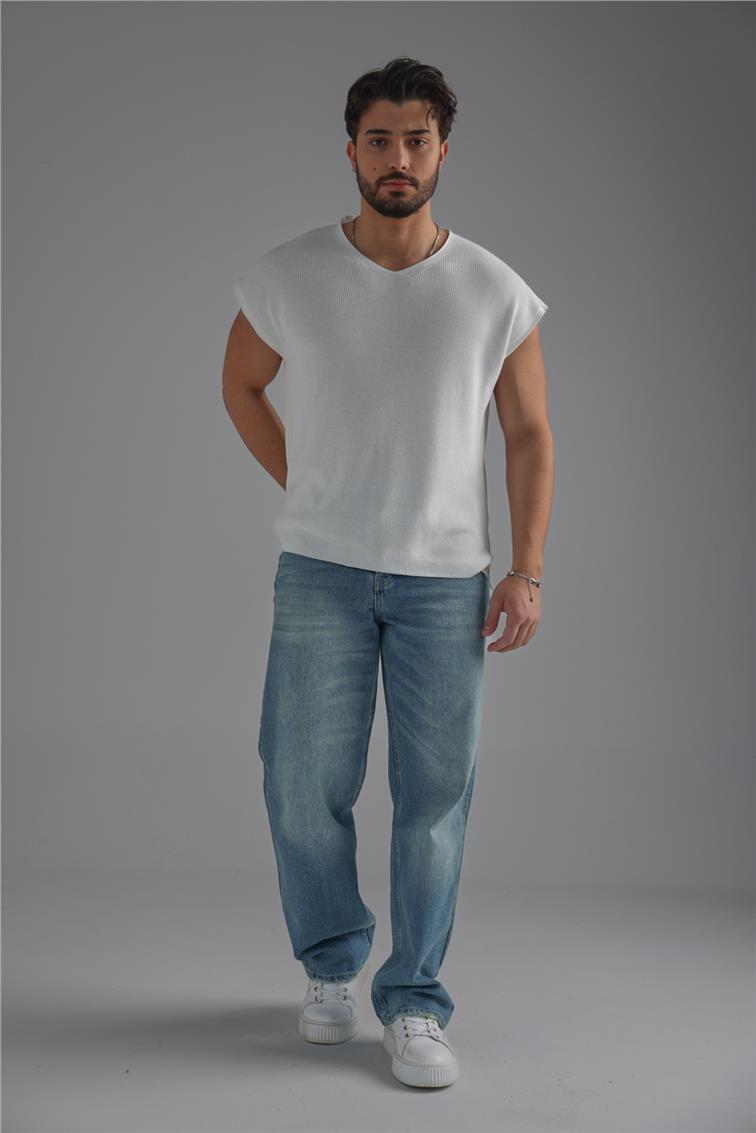 V Yaka Oversize T-Shirt Beyaz