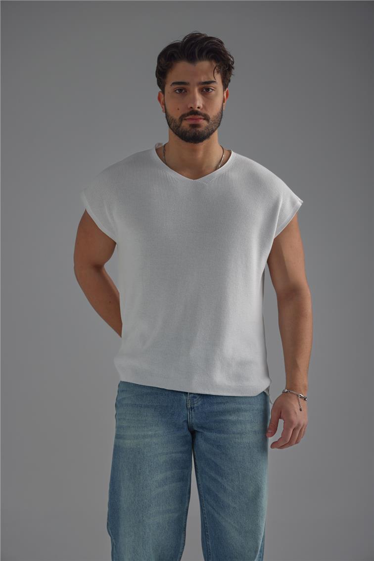 V Yaka Oversize T-Shirt Beyaz