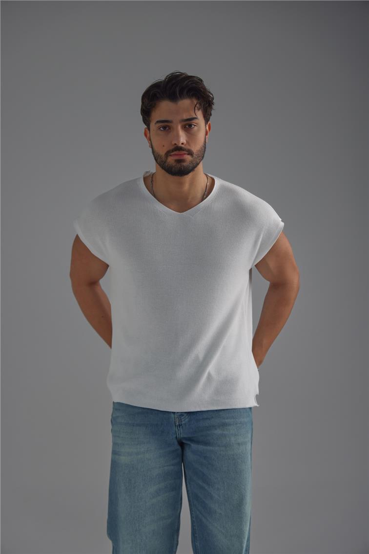 V Yaka Oversize T-Shirt Beyaz