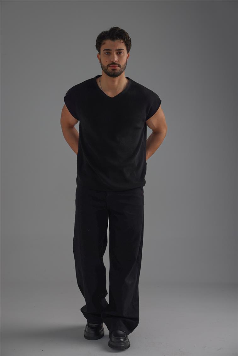 V Yaka Oversize T-Shirt Siyah