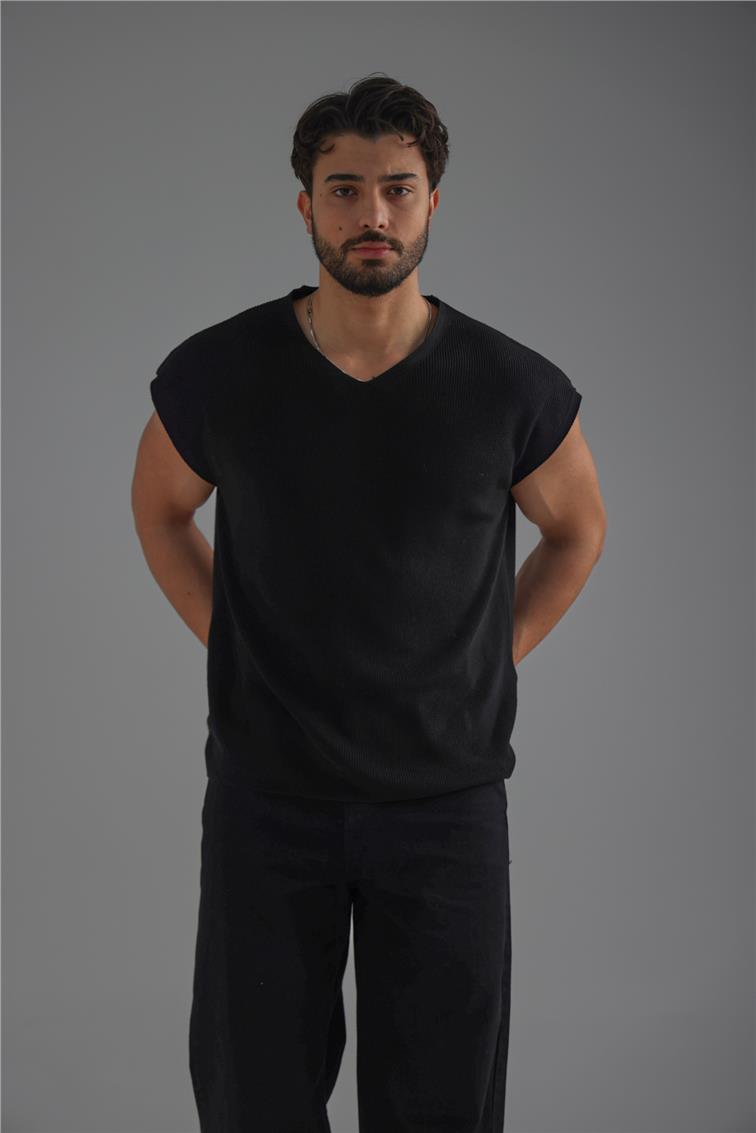 V Yaka Oversize T-Shirt Siyah