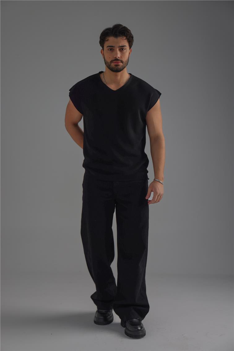 V Yaka Oversize T-Shirt Siyah