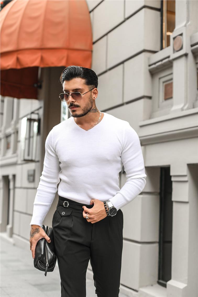 V Yaka Regular Fit Triko Kazak Beyaz