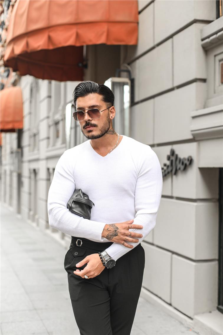 V Yaka Regular Fit Triko Kazak Beyaz