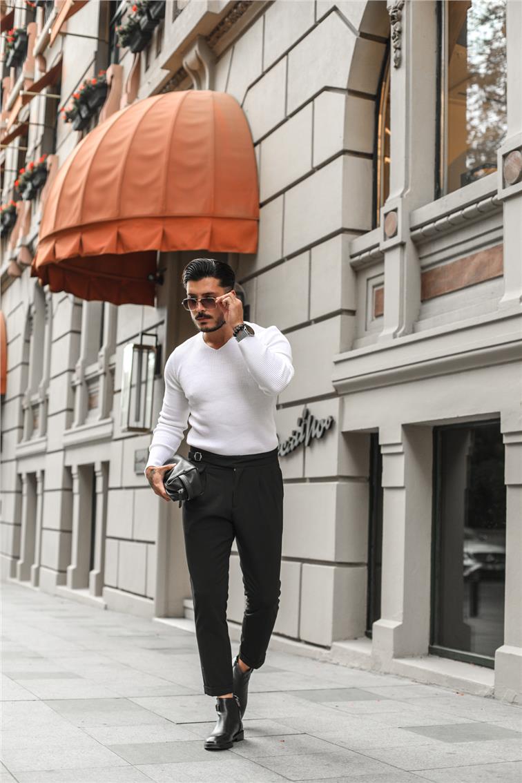 V Yaka Regular Fit Triko Kazak Beyaz