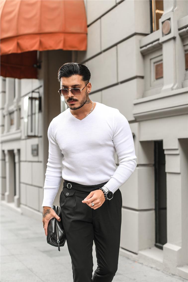 V Yaka Regular Fit Triko Kazak Beyaz