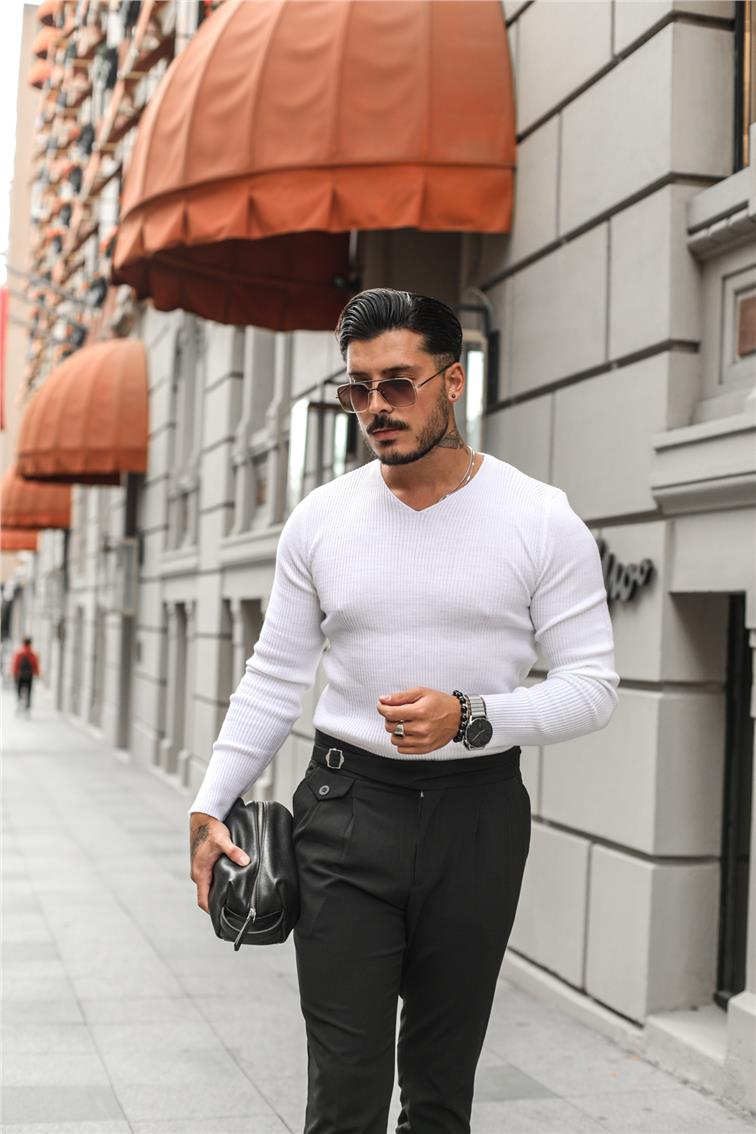 V Yaka Regular Fit Triko Kazak Beyaz