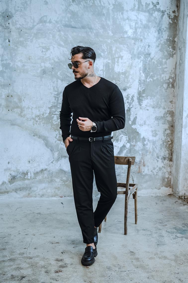 V Yaka Regular Fit Triko Kazak Siyah