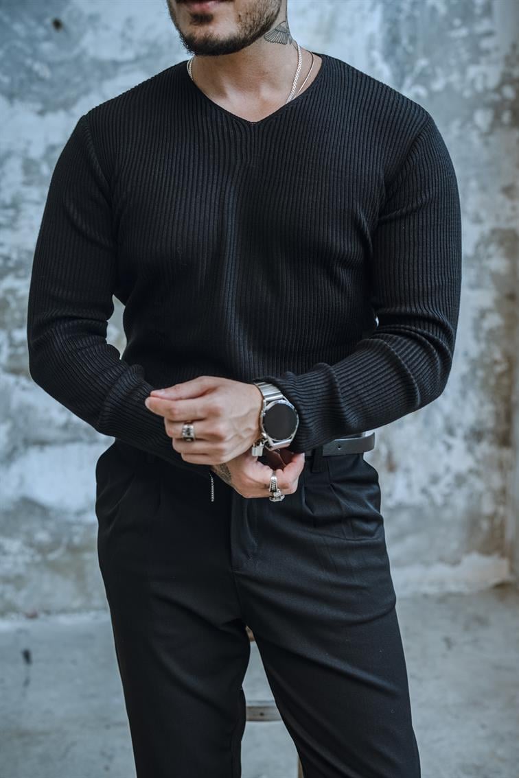 V Yaka Regular Fit Triko Kazak Siyah