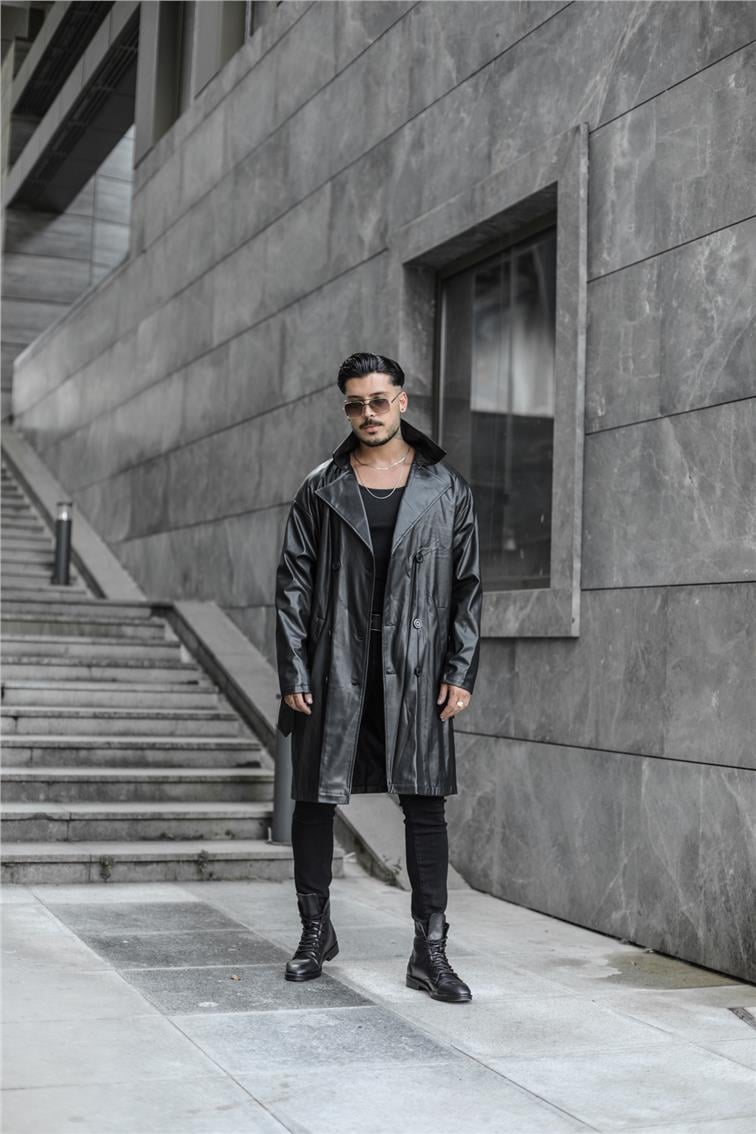 Vintage Kemerli Uzun Deri Kaban Siyah