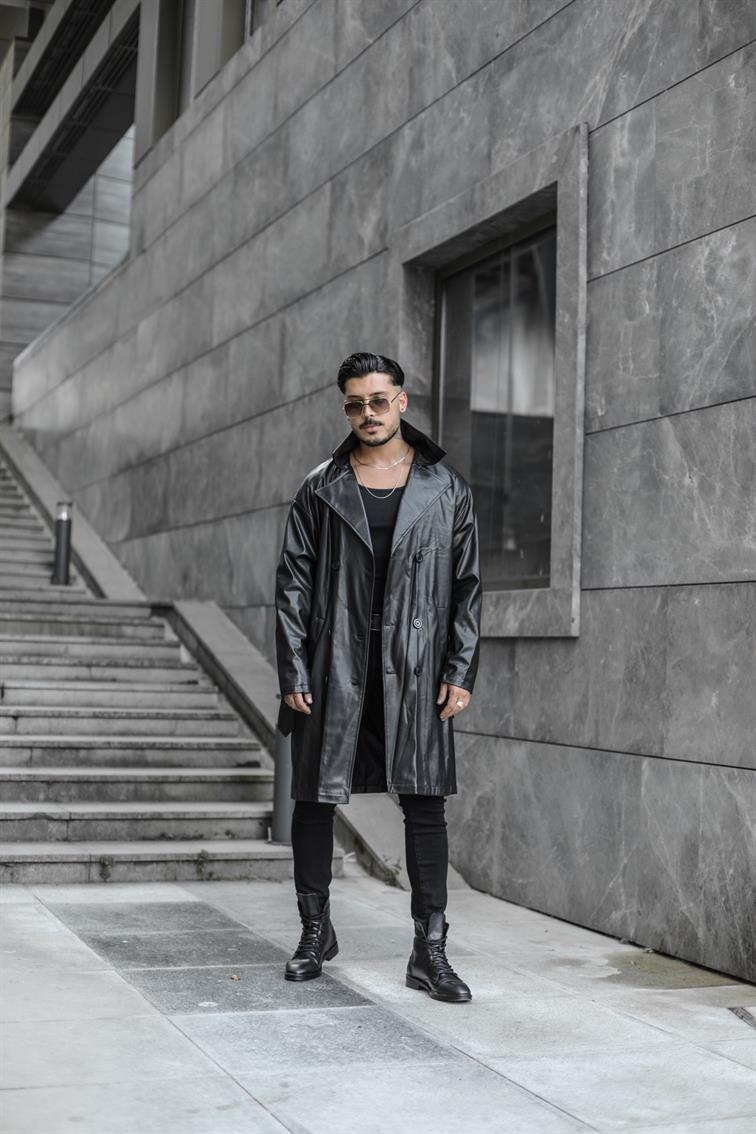 Vintage Kemerli Uzun Deri Kaban Siyah