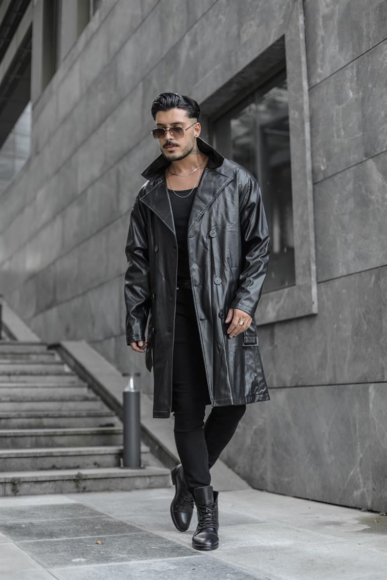 Vintage Kemerli Uzun Deri Kaban Siyah