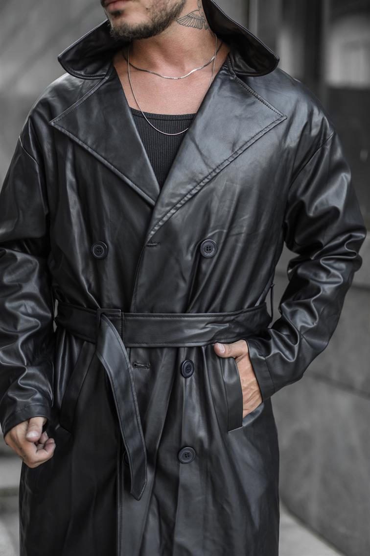 Vintage Kemerli Uzun Deri Kaban Siyah