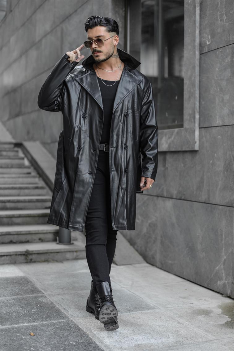 Vintage Kemerli Uzun Deri Kaban Siyah