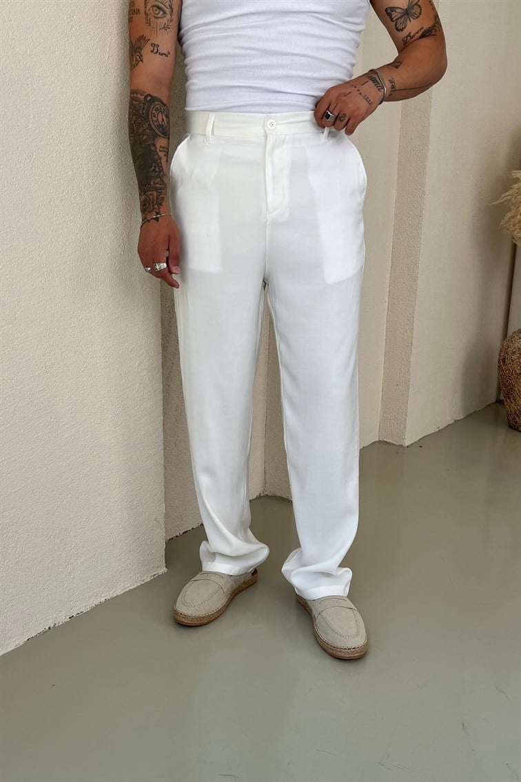 Viskon Baggy Pantolon Beyaz