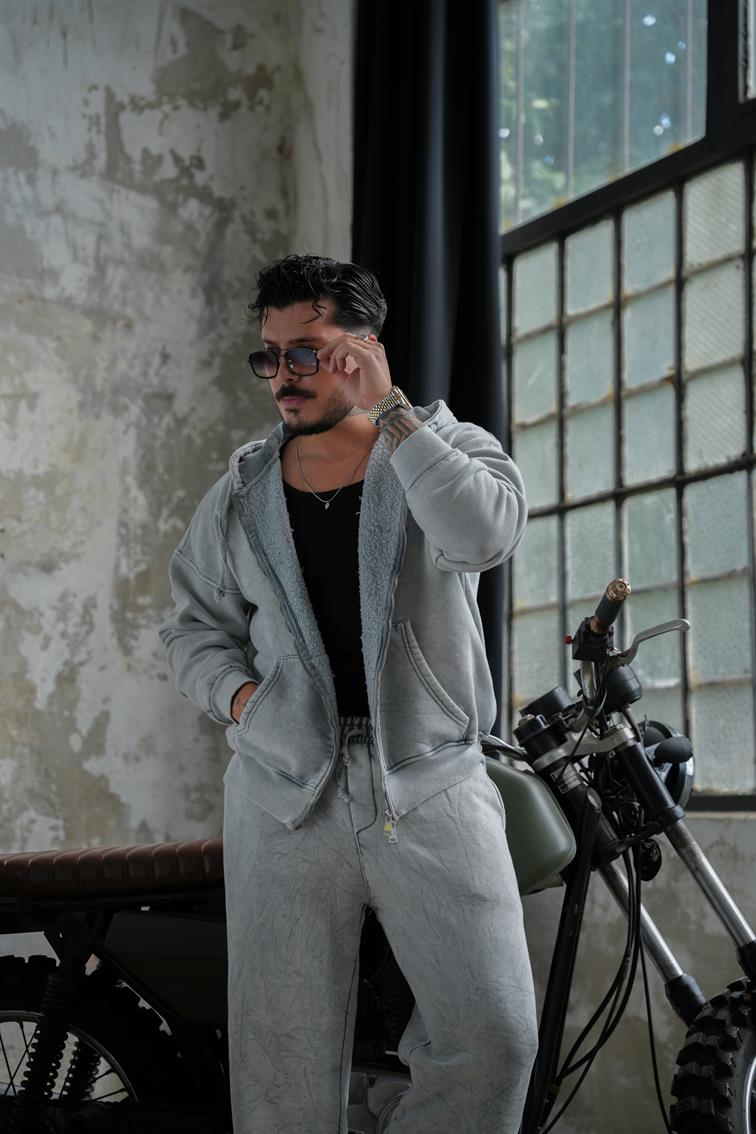 Washed Zipper Hoodie Yıkamalı Yıkamalı Gri