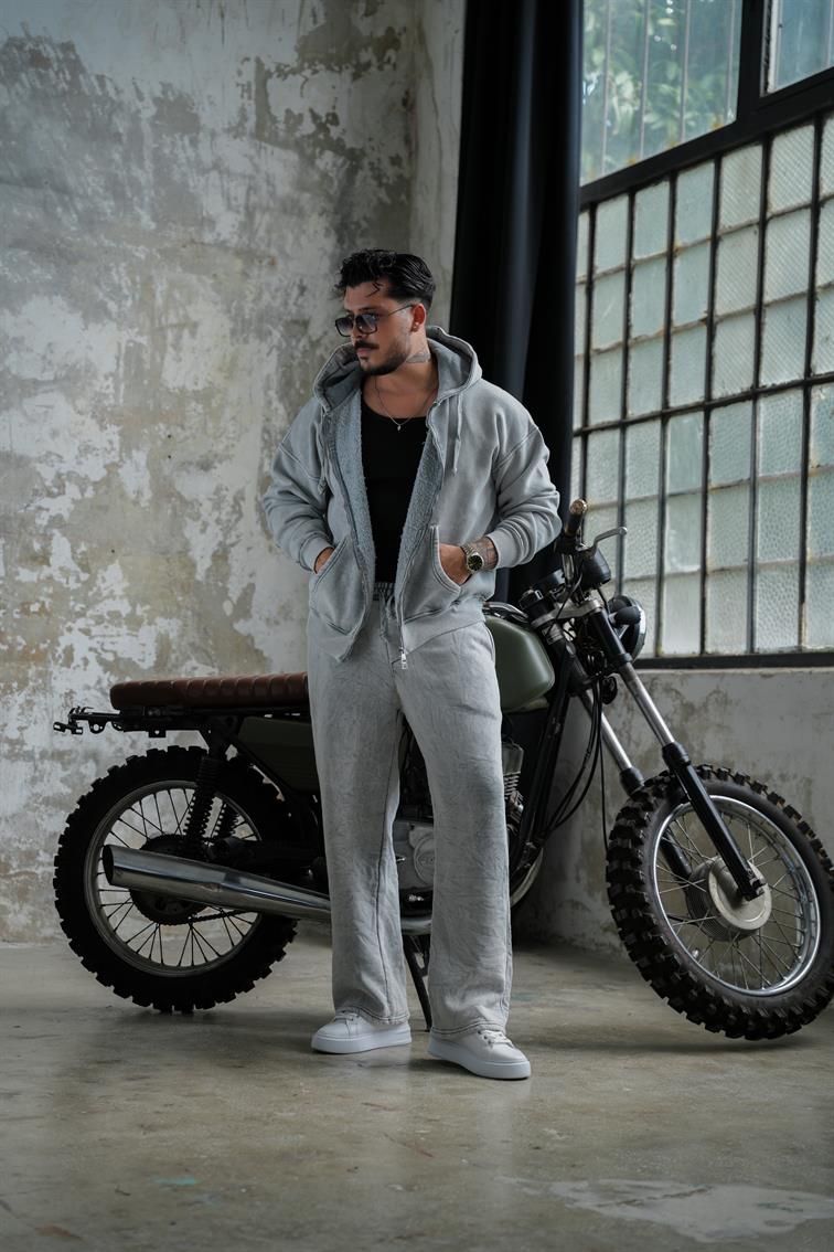 Washed Zipper Hoodie Yıkamalı Yıkamalı Gri