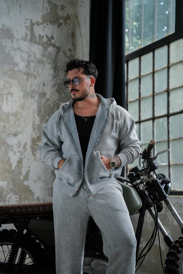 Washed Zipper Hoodie Yıkamalı Yıkamalı Gri