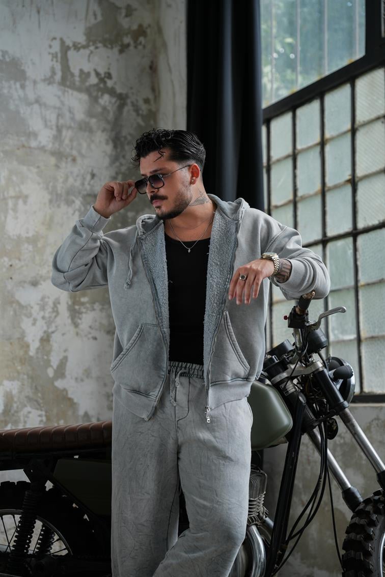 Washed Zipper Hoodie Yıkamalı Yıkamalı Gri