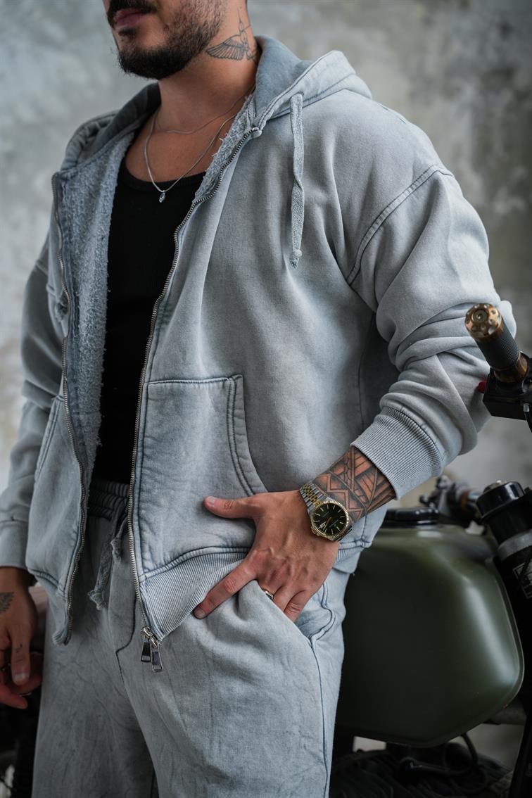 Washed Zipper Hoodie Yıkamalı Yıkamalı Gri