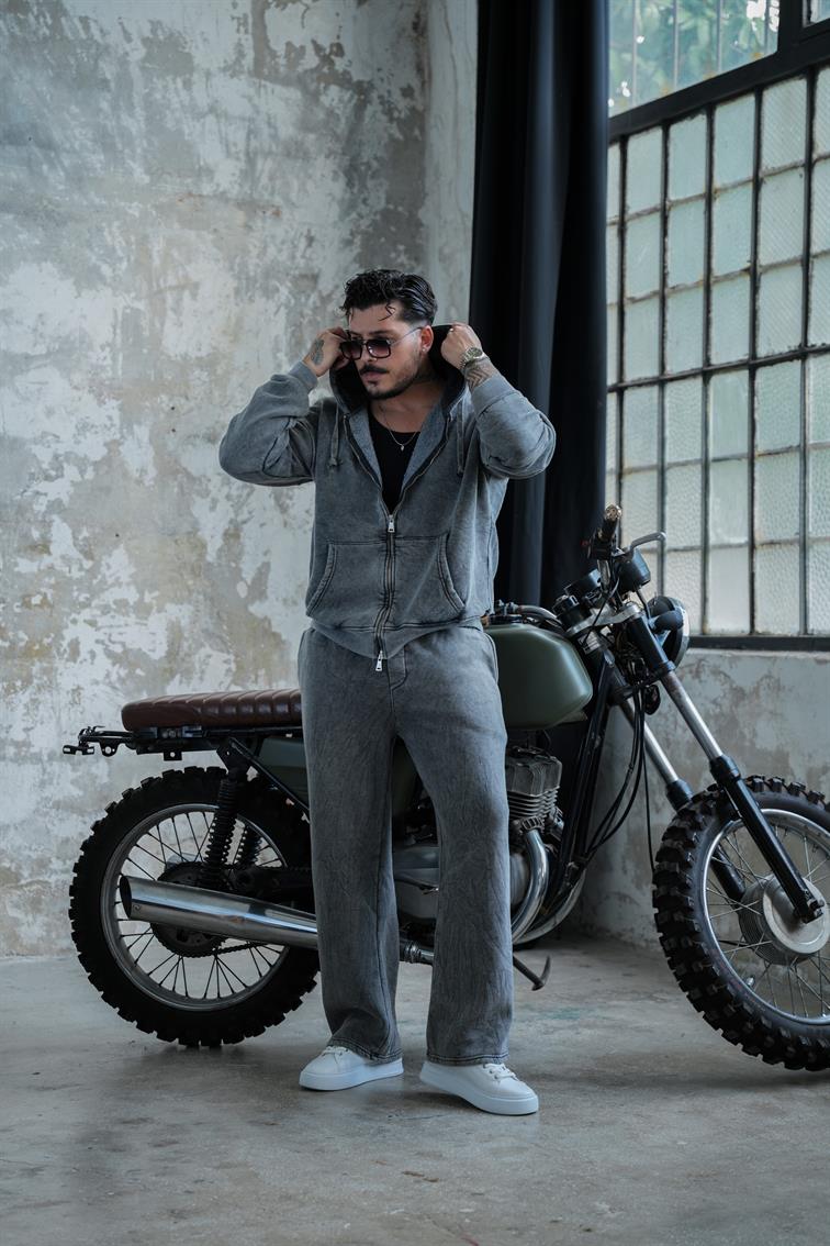 Washed Zipper Hoodie Yıkamalı Yıkamalı Siyah