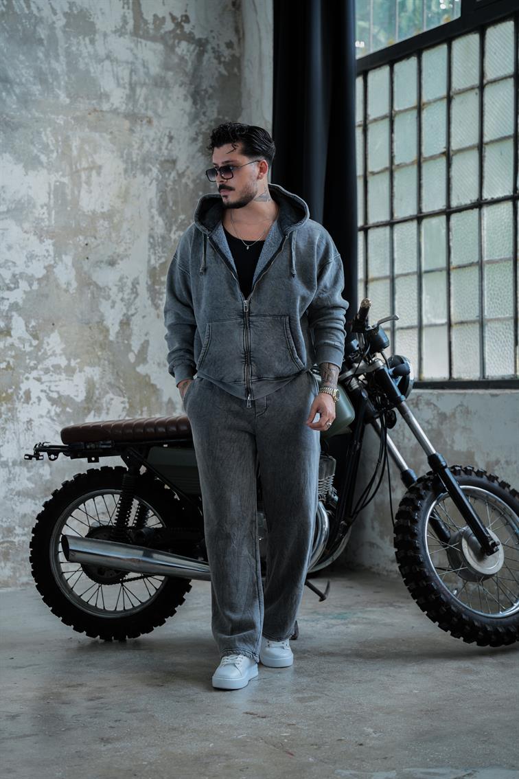 Washed Zipper Hoodie Yıkamalı Yıkamalı Siyah