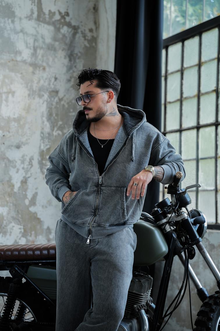 Washed Zipper Hoodie Yıkamalı Yıkamalı Siyah