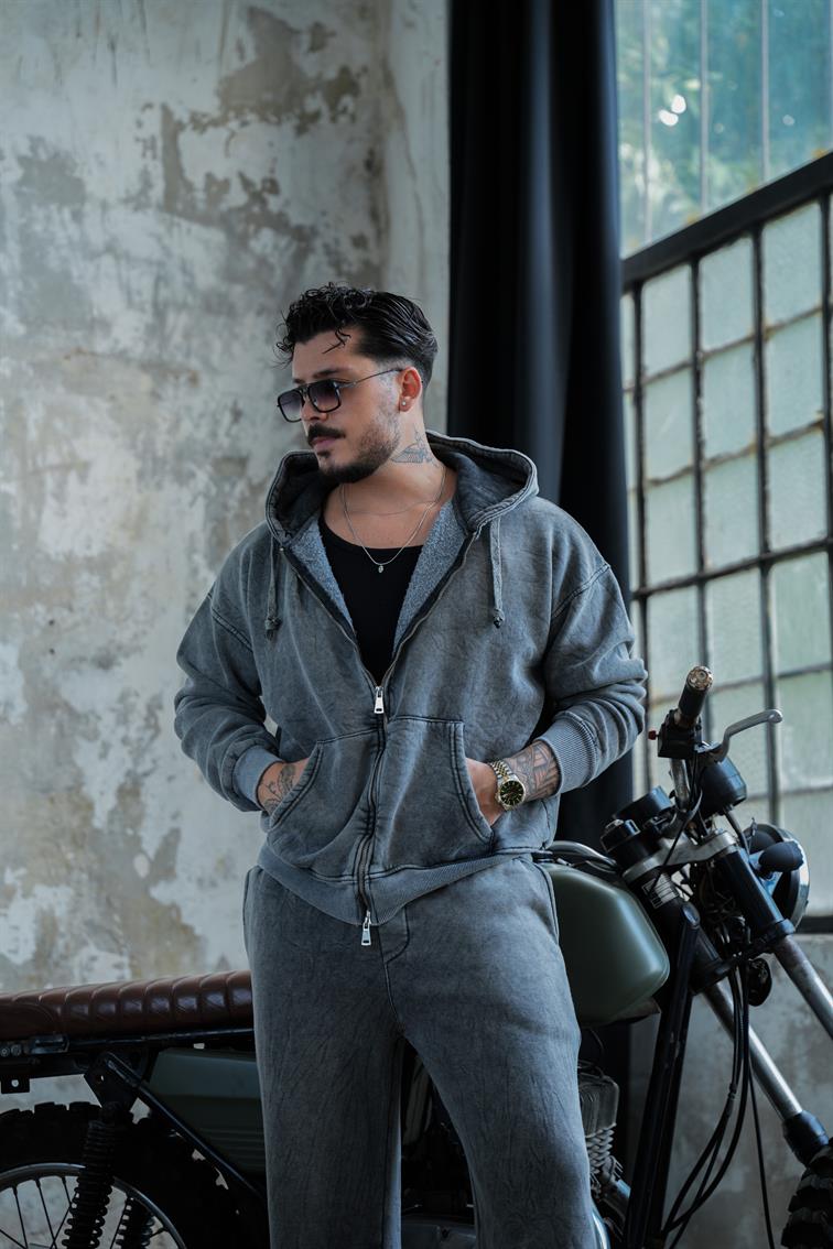 Washed Zipper Hoodie Yıkamalı Yıkamalı Siyah