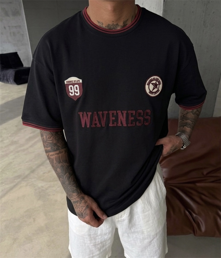 WAVENESS Nakışlı Oversize Tshirt Siyah