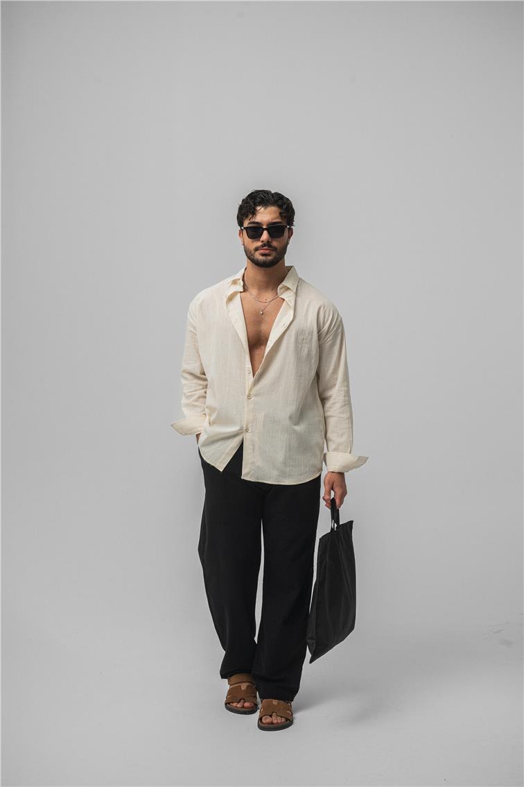 Wrinkled Linen Oversize Gömlek Krem