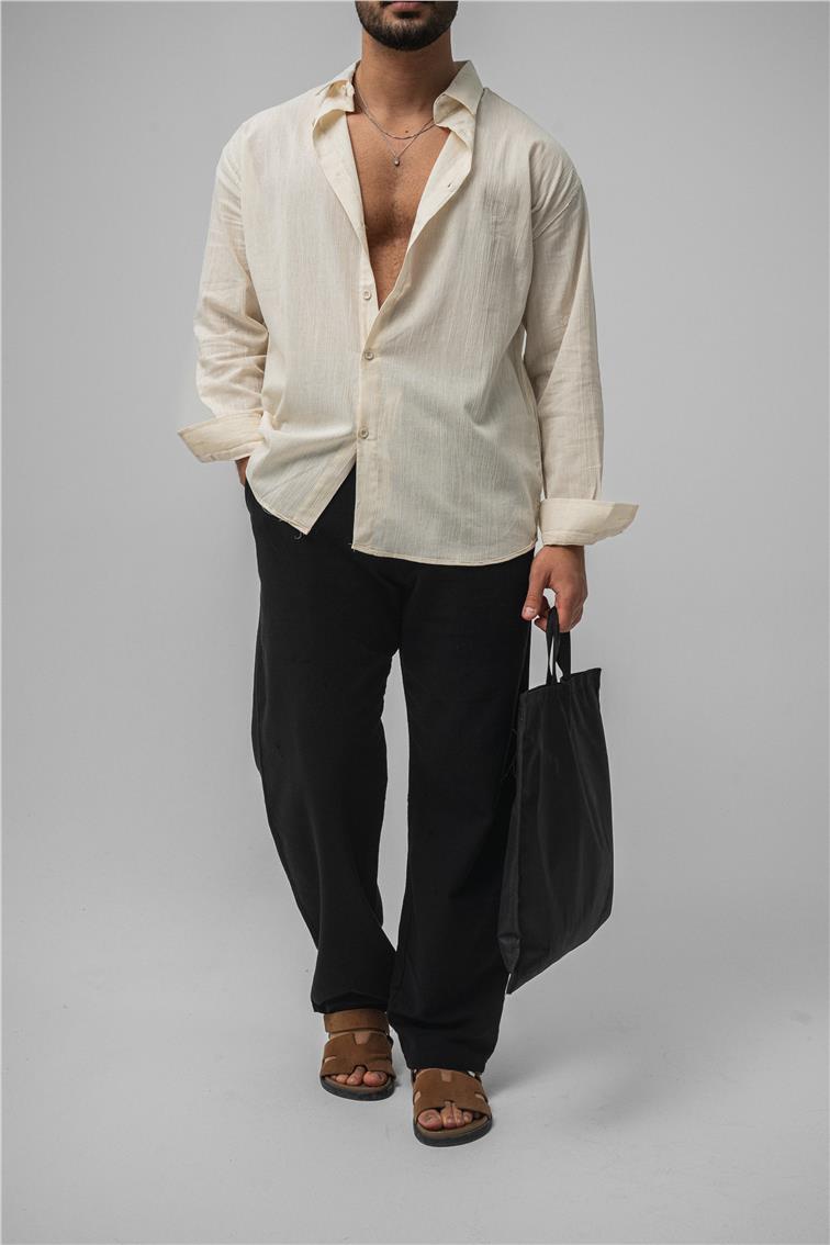 Wrinkled Linen Oversize Gömlek Krem